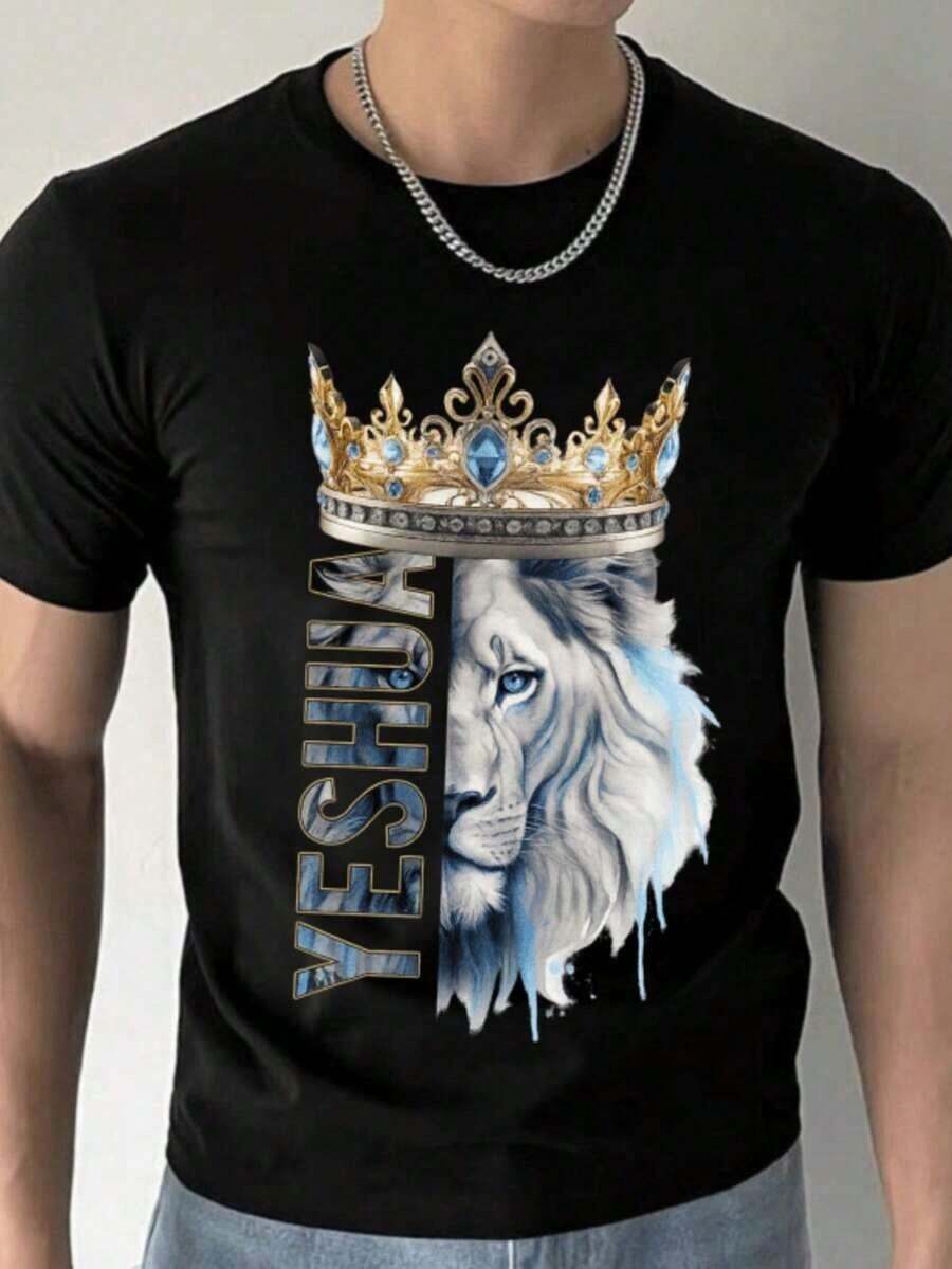 CAMISETA RELIGIOSA LEÃO YESHUA COROA UNISSEX 100% ALGODÃO - Preto - Visão 1