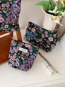1 PC/Set Purple Green Floral Jacquard Embroidery Women Girl Makeup Pouch Make Up Bag Portable Large Capacity Cosmetic Bag With Zipper,For Travel And Vacation Essentials,For Sanitary Napkins,Keys,Hair Accessories,Charger,Lipsticks,Cosmetics,Perfume,Makeup Brush Holder Organizer Storage Bag,For Skin Care And Beauty Products,For Women,Students,School Girls,For Birthday Gifts,Friends Gift,Holiday Gift - Màu tím - Xem 17