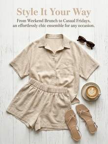 Women's French Elegant Bamboo Fiber Casual Beige 2 Pieces Set, Graduation White Shirt Blouse And High Waist Shorts, Non-Stretch Fabric, Metal Waist Buckle Leisure Suit - Champagne - View 8