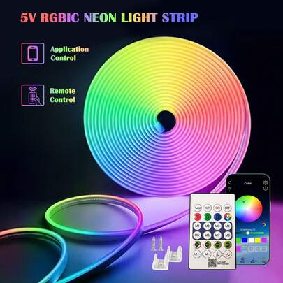 1条5V RGBIC智能霓虹灯带，USB供电。24键遥控器/APP控制选项，多种灯光模式。派对氛围灯带，支持音乐同步灯光。适用于家居装饰照明、万圣节、圣诞节派对装饰。灵活可定制，打造您专属的灯光设计。