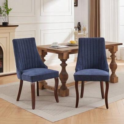 Rayon Cloth Flocking Linen Dining Chairs Channel Kitchen Dinner Chair Comfy Fabric Upholstered Accent Chair For Dining Room With Curved Solid Wood Legs,Set Of 2 (Blue), DE1847BL