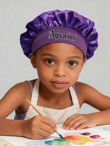 1pc Children's 12 Zodiac Pattern Elastic Wide-Brim Satin Sleep Cap - Fitted Sleeping Hat, Protects Hair, Suitable For Back To School, Travel And Vacation - Purple - View 2