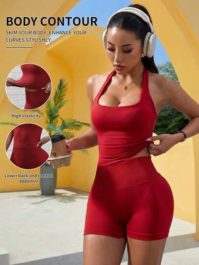 露背U领运动套装，高腰提臀瑜伽短裤，健身普拉提休闲时尚套装，拉长身形，显瘦塑形