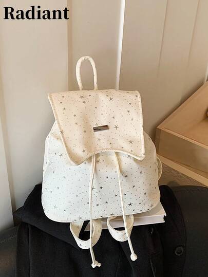 This Versatile Star-Patterned Drawstring Backpack Features Star Embellishments, A Flap Design, And Is A Stylish Women's Backpack Suitable For School, Daily Commutes, Short Trips, Shopping, Dates, And Travel.