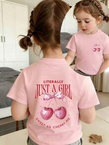 女童休闲趣味印花圆领短袖T恤，夏季上衣 - 粉色 - 查看 5