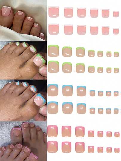 96片亚克力短方形法式美甲贴纸 - 亮粉白法式、春日柔蓝法式、甜粉法式、清新简约夏日绿法式，经典百搭美甲装饰，适合女性，亦可作为礼物