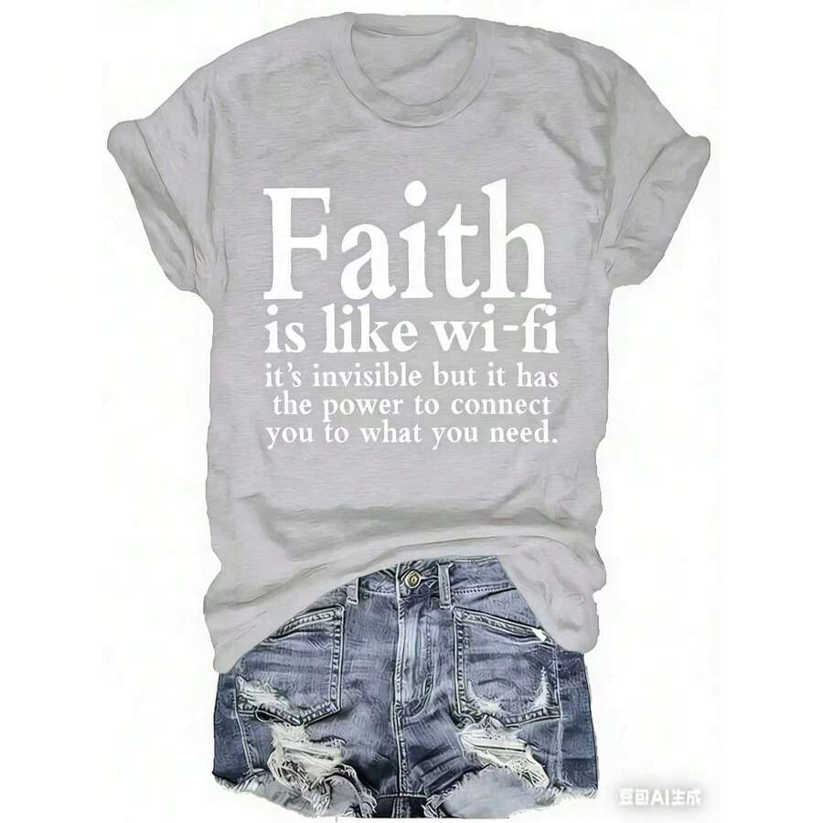 Women Christian Faith Letter Print T-Shirt, Faith Is Like Wi-Fi Graphic Round Neck Short Sleeve 100% Cotton Summer Top, Plus Size All Season - 灰色 - 查看 1