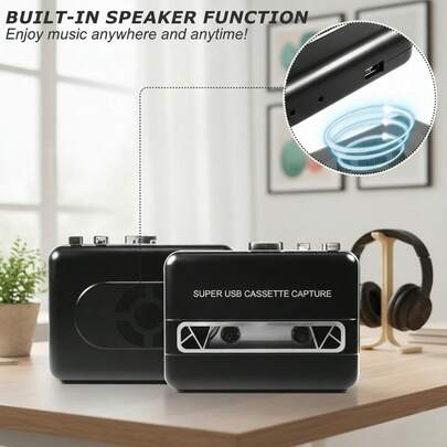مشغل كاسيت محمول مع محول USB إلى MP3، مكبر صوت مدمج وجاك سماعة الرأس، مسجل كاسيت استريو عكسي تلقائي