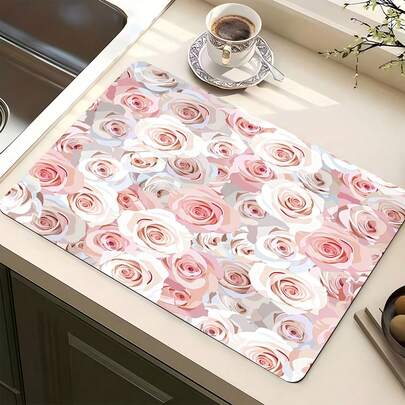 1 tấm thảm thấm hút đa năng họa tiết hoa hồng hồng trắng, chất liệu polyester chống thấm nước, thích hợp sử dụng trong nhà bếp, trang trí bàn ăn, lau khô chén đĩa, máy giặt, máy pha cà phê, bàn trang điểm phòng tắm, phụ kiện nhà bếp, đồ dùng tiệc tùng.