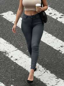 Women's Mid-Rise Stretch Denim Skinny Jeans | Booty-Lifting Slim-Fit Curvy-Fit Trousers - 灰色 - 查看 10