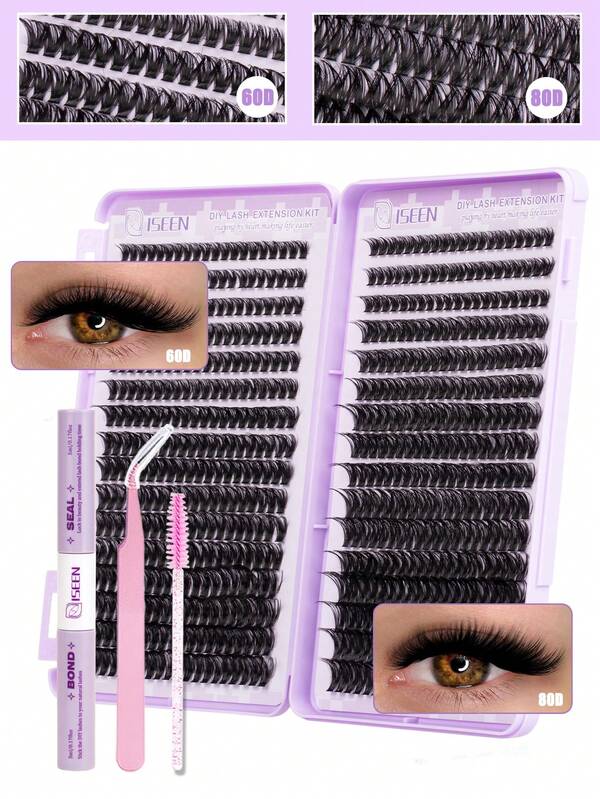 640 piezas Kit de extensión de pestañas D-Curl 60D-80D, racimos de pestañas DIY, racimos de pestañas individuales, 20-30-40-50-60D, set de racimos de pestañas, incluye pegamento y sellador, pinzas, cepillo, herramientas de maquillaje, pestañas suaves de cruce diario, práctico set de extensión de pestañas 3D para usar en casa, herramientas de maquillaje, racimos de pestañas