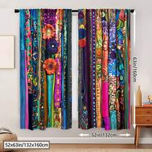 Boho Floral Striped Curtains - Semi-Sheer Window Drapes With Rod Pocket, Peach Skin Curtains, Single-Sided Printed, Vibrant Multicolor Floral Patterns - Machine Washable Polyester For Living Room, Bedroom, Kitchen, Enhance The Sense Of Happiness At Home, Spring Home Decor And Gifts (Rod Not Included) - Style 1 (2 Panels) - View 14