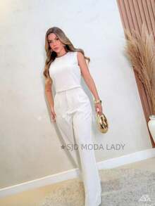 SJD MODA LADY Solid Tailored Set, Casual, Sleeveless Top And Palazzo Pants - White - View 4