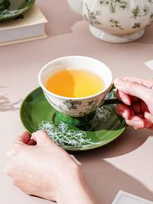 一套陶瓷花卉藤蔓简约优雅茶壶杯碟套装，北欧奢华高端绿蓝清新纯色花卉中国风简约陶瓷两件套茶壶杯碟套装，适用于餐厅、咖啡馆、书店、酒店、家庭，陶瓷餐具，咖啡杯，茶杯，下午茶茶壶 - 藍色 - 查看 10
