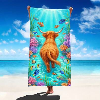 1件装奇幻海底世界超大沙滩巾，超强吸水超细纤维沙滩毯，适合旅行、游泳池、潜水、冲浪、瑜伽、露营，多种尺寸可选，沙滩配件