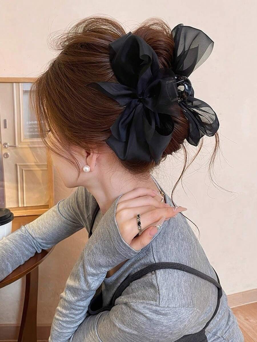 Pinza para el cabello delicada y suave, accesorio para el cabello elegante con lazo de malla, nueva colección 2026 - Negro - Ver 1