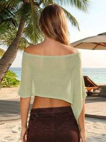 Womens Knit Poncho Tops Solid Color Mesh Sheer Asymmetric Shawl Off Shoulder Lightweight Cape For Spring Summer - Green - View 7