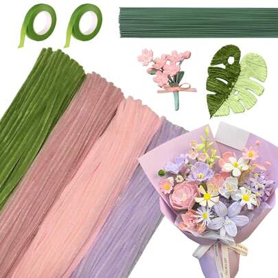 221/422件装毛根清洁条工艺用品，4色雪尼尔绒条，配花艺胶带和铁丝，DIY花束入门套装，简易手工艺术项目，附带教程视频