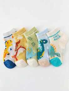 5 Pairs Kids Thin Ankle Socks, Cartoon Dinosaur Pattern, Breathable Baby Mesh Socks For Summer, Boys - Multicolor - View 8