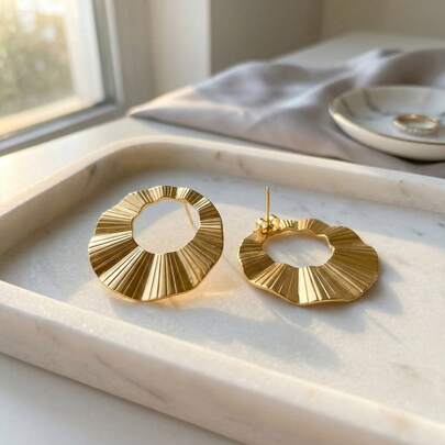 Pleated Fan-Shaped Hollow Earrings In A Bohemian Style Gold Earrings Aretes De Mujer Stainlees Steel Earrings Daily Wearing