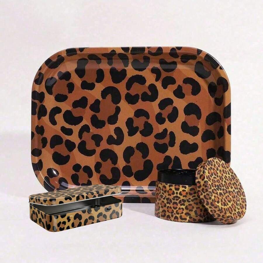 3pcs Wild Elegance Leopard Rolling Tray Set, Includes Print 2" Grinder, 7" X 5" Rolling Tray And Storage Box, Premium Metal Rolling Tray Kit, Ideal For Gifts - Because Style Should Never Be Tamed - 放 - 查看 1