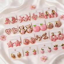 多对几何水钻耳钉套装，动物与花卉设计，简约百搭耳环 - 琺瑯不銹鋼耳釘 - 查看 1