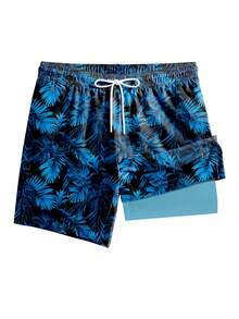 Men's Quick-Dry Double-Layer Beach Shorts, Men's Breathable Swim Trunks, Summer Surfing Casual Shorts With Drawstring And Pockets, Men's Hawaiian Swim Trunks - 藍色 - 查看 1