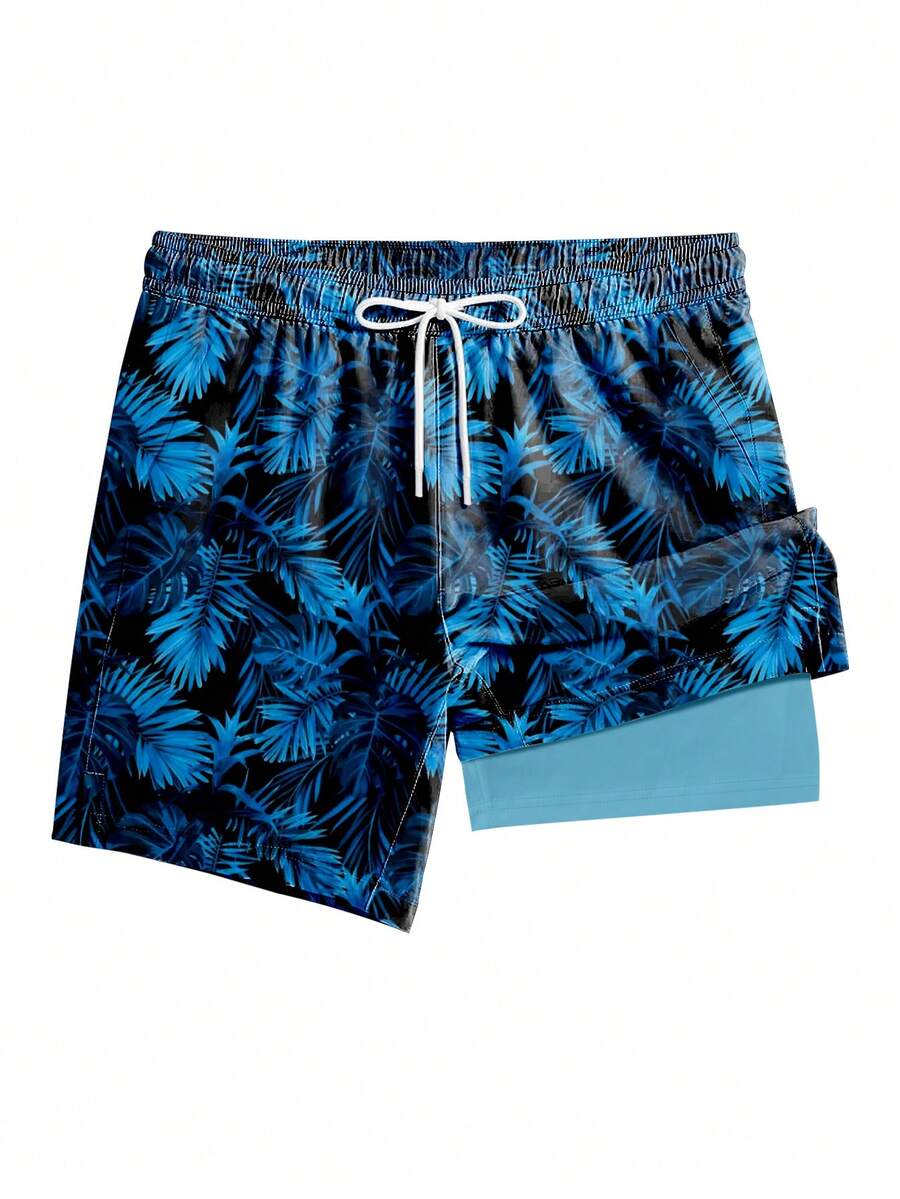 Men's Quick-Dry Double-Layer Beach Shorts, Men's Breathable Swim Trunks, Summer Surfing Casual Shorts With Drawstring And Pockets, Men's Hawaiian Swim Trunks - 藍色 - 查看 1