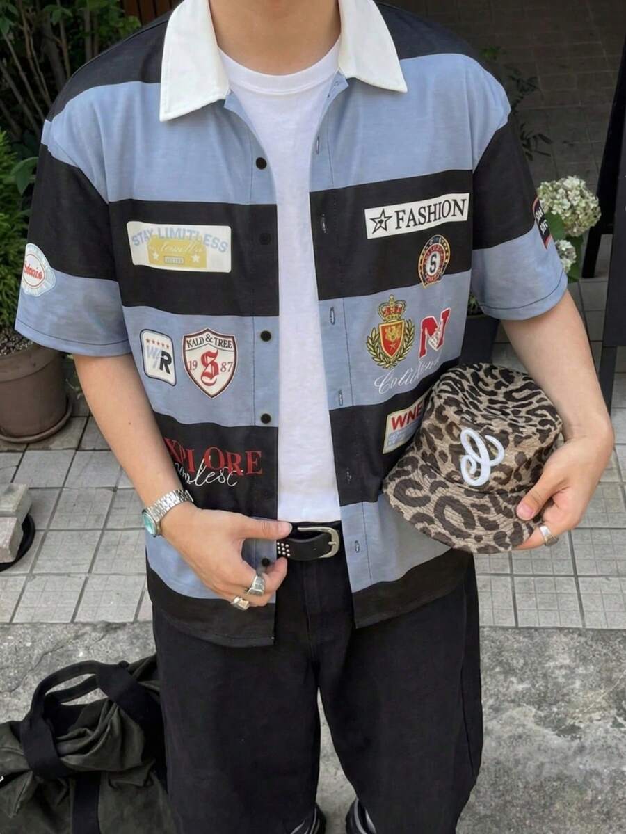 Áo sơ mi nam kẻ sọc phong cách đường phố, áo kiểu dáng thể thao màu xanh và đen, áo sơ mi phối huy hiệu trường đại học, trang phục thành thị rộng rãi thời trang. - Nhiều màu - Xem 1