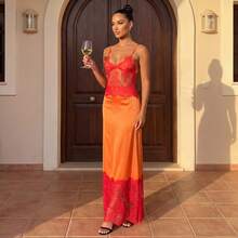 Vestido de encaje patchwork para mujer, vestido de verano sin mangas con tirantes finos y escote en V profundo. - Naranja rojizo - Ver 6