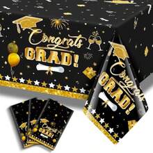 3 Pack Graduation Tablecloth Decorations54x128inch Black Gold Congrats Grad Disposable Plastic Waterproof Rectangular Table Cloth Cover Decor For Class Of 2026 College High School Party Supplies - Black Gold - View 7