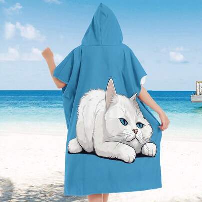 1条蓬松白色猫咪印花沙滩巾，超细纤维材质，多种规格可选，是夏季海滩之旅、春季度假、旅行和海滨度假的理想之选，时尚又实用。