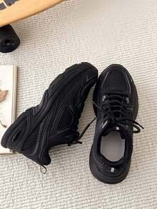 新款休闲运动鞋，学院风厚底运动鞋，男女通用圆头系带网布皮革拼接透气多功能印花涂鸦学院风户外徒步休闲通勤鞋，尺码偏小一码 - 黑色 - 查看 7