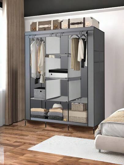 Armario de tela con barras de colgar duales, gran capacidad, armario portátil e independiente para dormitorio, apartamento, dormitorio, organizador de almacenamiento de ropa a prueba de polvo con estantes y espacio para colgar, perfecto para la organización del hogar y soluciones de ahorro de espacio