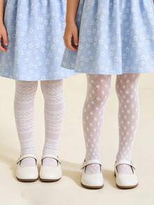2条装女童透气网眼打底裤，甜美可爱淑女风贴身连裤袜，适合2-10岁女孩日常穿着，春夏款 - 白色 - 查看 1