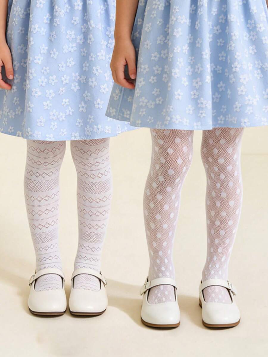 2条装女童透气网眼打底裤，甜美可爱淑女风贴身连裤袜，适合2-10岁女孩日常穿着，春夏款 - 白色 - 查看 1