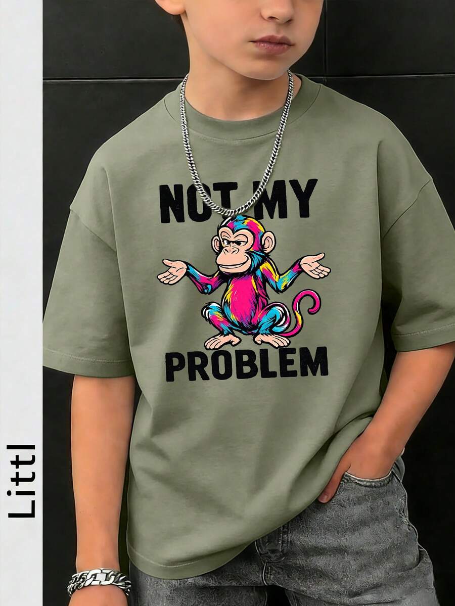 男童休闲印花圆领短袖T恤，夏季上衣 - 橄欖綠 - 查看 1