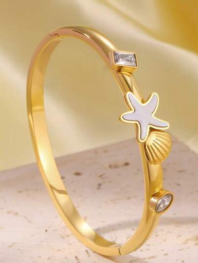 1 pieza Pulsera de acero inoxidable chapada en oro de 18K con estrella de mar y concha, accesorio de lujo elegante para uso diario para mujeres