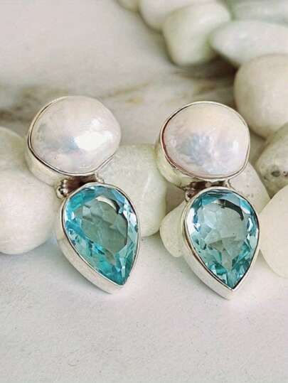 1 Pair Fashionable Exquisite Set With Blue Synthetic Zirconia Faux Pearl Earrings For Women's Daily Wear, Perfect Gift For Birthdays And Anniversaries