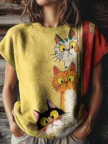 (Free Shipping)2026 New Arrival Women's Retro Colorblock Print Crew Neck Loose Knit Top;Summer Tops;Summer Outfits For Women;Summer Clothes - 混合色1 - 查看 3