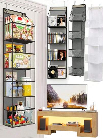 1pc Foldable Hanging Storage Bag, 4/6 Compartments Multi-Functional Hanging Organizer, Suitable For Storing Snacks, Toys, Clothes, CDs, Records Etc., With 2 Hooks For Hanging On Door, Wall, Cabinet, Transparent Design, Applicable For Student Dorm, Living Room, Bedroom