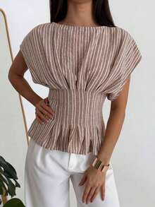 Women's Casual Striped Short Sleeved Shirt Elegant Round Neck Everyday Commuting Top Loose Fit Lightweight Basic Blouse Apricot Coffee Brown Summer Top - 杏色 - 查看 6
