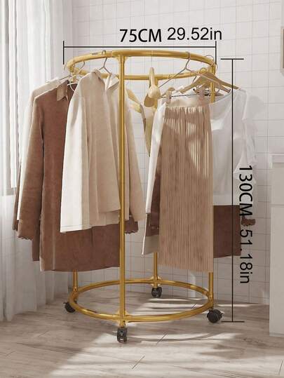 1 pieza Perchero metálico redondo multifuncional de 130 cm, diseño con rodillos, adecuado para almacenamiento y exhibición de ropa en el hogar y espacios comerciales, secadora de balcón, estantería de exhibición para tienda de ropa, apto para colgar ropa y abrigos, aplicable a dormitorio, sala de estar, balcón, oficina