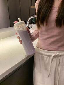 1pc Large Capacity Bubble Tea Straw Cup With Straw Lid, Simple Portable Heat-Resistant Plastic Water Cup - Multicolor - View 6