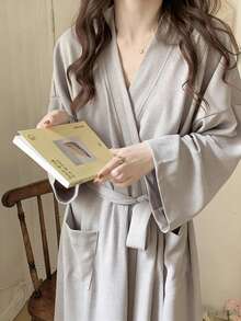 Áo choàng tắm kẻ sọc nhuộm màu kiểu Nhật Bản, đồ ngủ/đồ mặc nhà rộng rãi thoải mái dành cho nữ, thích hợp cho mùa xuân và mùa thu. - Nhiều màu - Xem 3