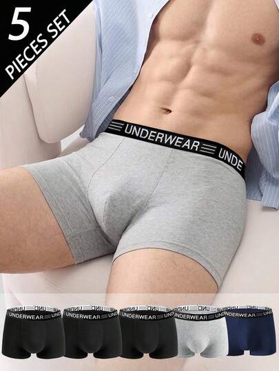 5pcs/Pack Men's Cotton Boxer Briefs, Letter Waistband Design, Loose & Comfortable, Multi-Color Options, Suitable For Casual Daily Wear, Durable, Homewear, Men's Gift, Valentine's Day Gift, Personalized Gift