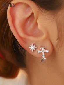 Hihho 4pcs/Set Star Burst Cross Earrings Set, Classic Cubic Zirconia Inlaid, Retro European And American Style Suitable For Daily, Date, Party, Music Festival - Cross - View 2