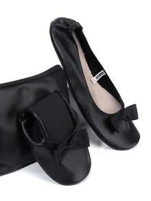 轻便赤足芭蕾平底鞋，黑色条纹蝴蝶结装饰女士舞蹈鞋，适合室内穿着，可折叠套穿式芭蕾舞鞋，附赠收纳袋 - 黑色 - 查看 8