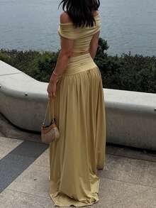 PoPoHouse 女士优雅两件套性感露肩褶皱短款上衣和高腰飘逸长裙，适合夏季海滩度假、派对、婚礼宾客外出穿着，浅黄色两件套 - 淺黃色 - 查看 2