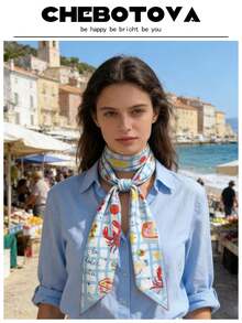 1 pieza Pañuelo suave de poliéster con estampado de dibujos animados de elementos marinos, estilo bohemio, pañuelo delgado, adecuado para primavera, verano, otoño, playa, vacaciones - Multicolor - Ver 2